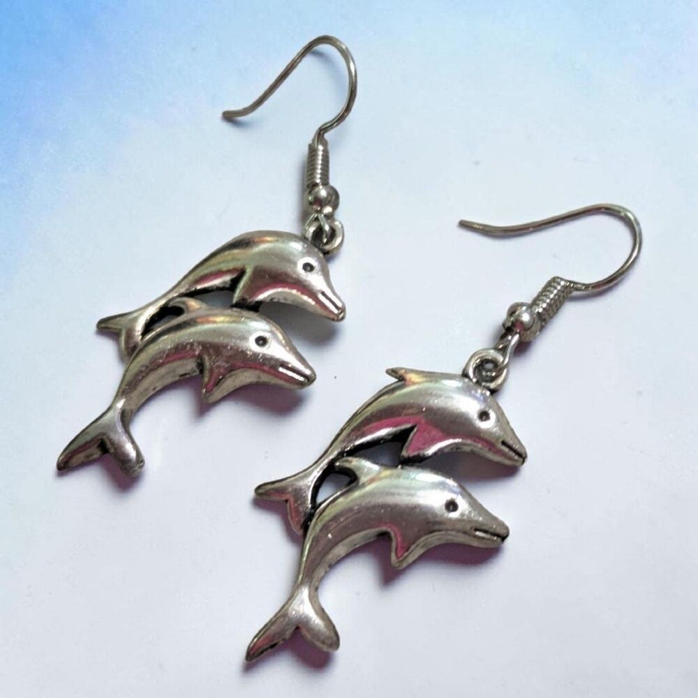 Silver Tone Dolphin Dangle Earrings, Ocean Theme Earrings, Beach Jewelry - Picture 2 of 5